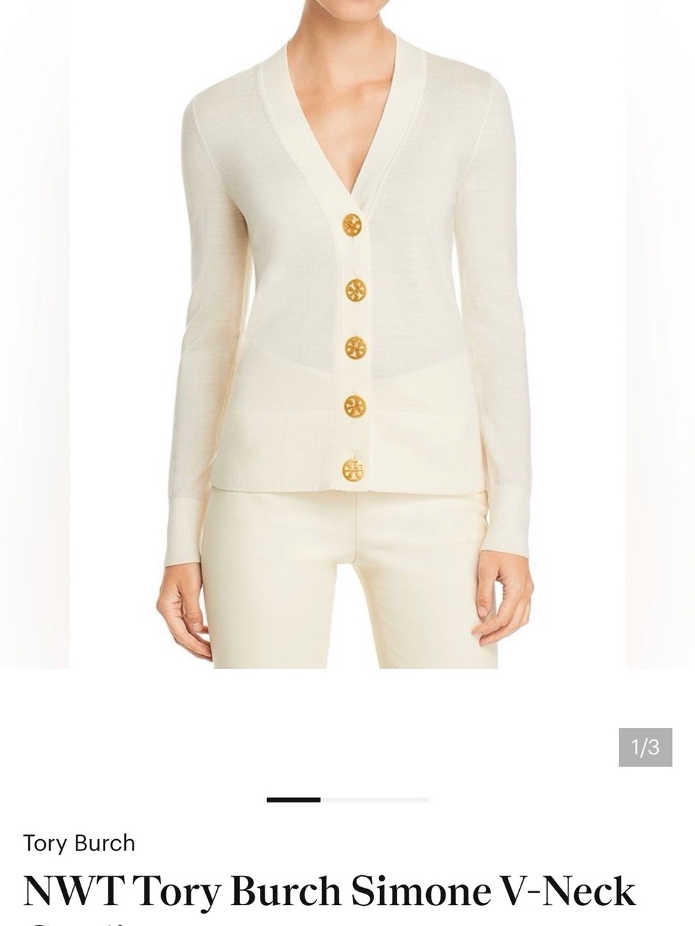 Tory Burch Cream V-Neck Cardigan with Orange Logo Tag